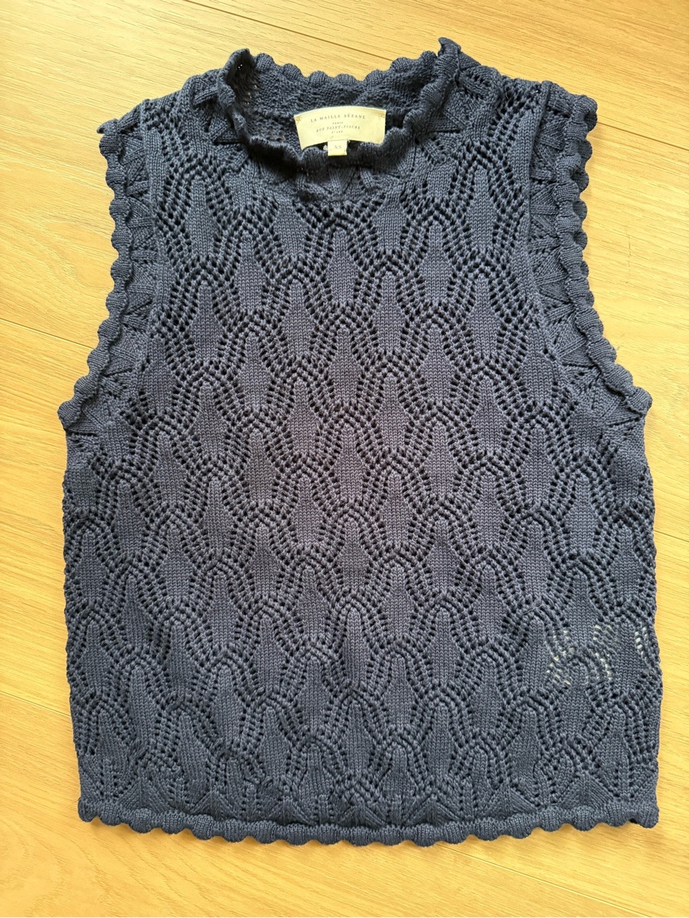 Sezane Navy Openwork Scalloped Trim Knit Tank